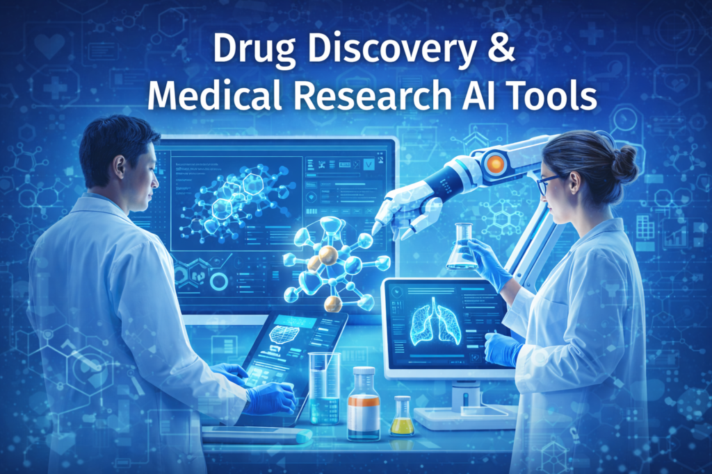 Two scientists in a lab using AI-powered tools for drug discovery and medical research, with molecular structures, robotic arm, and digital health displays