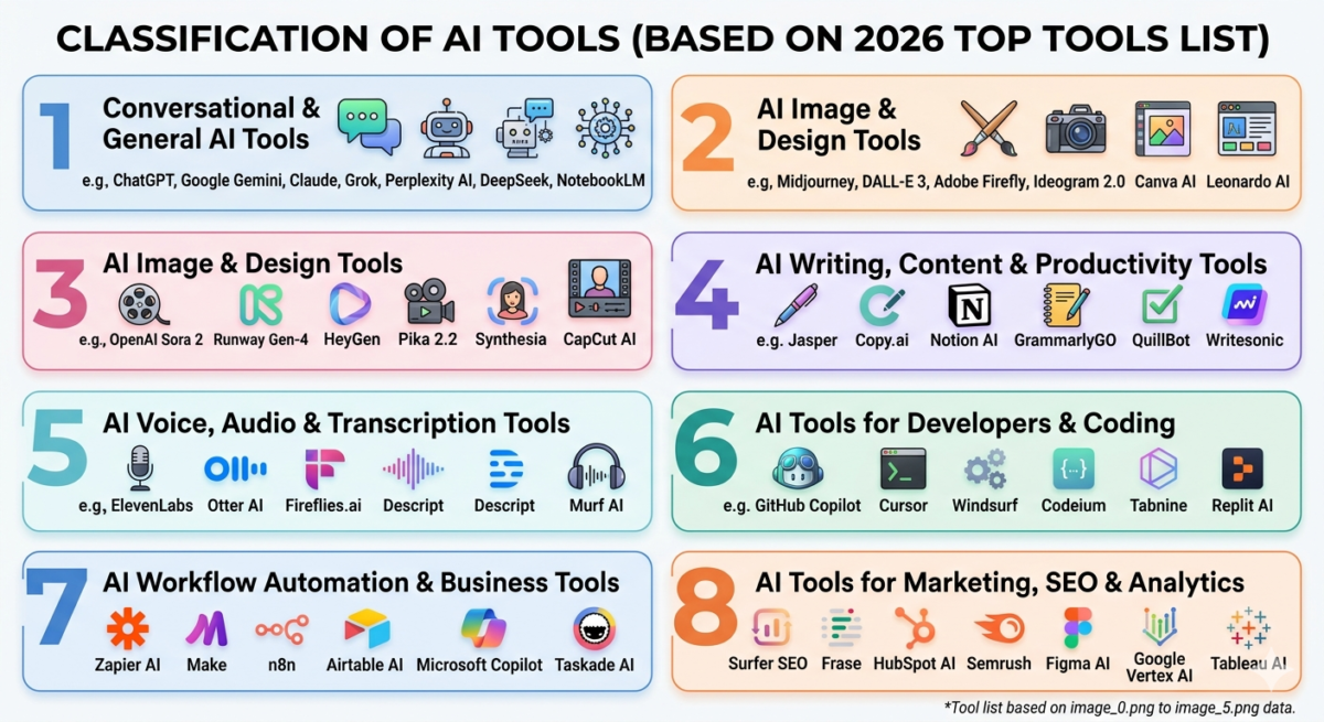Infographic showing the best AI tools of 2026 including ChatGPT, Claude, Midjourney, GitHub Copilot, and Surfer SEO organized by category with star ratings