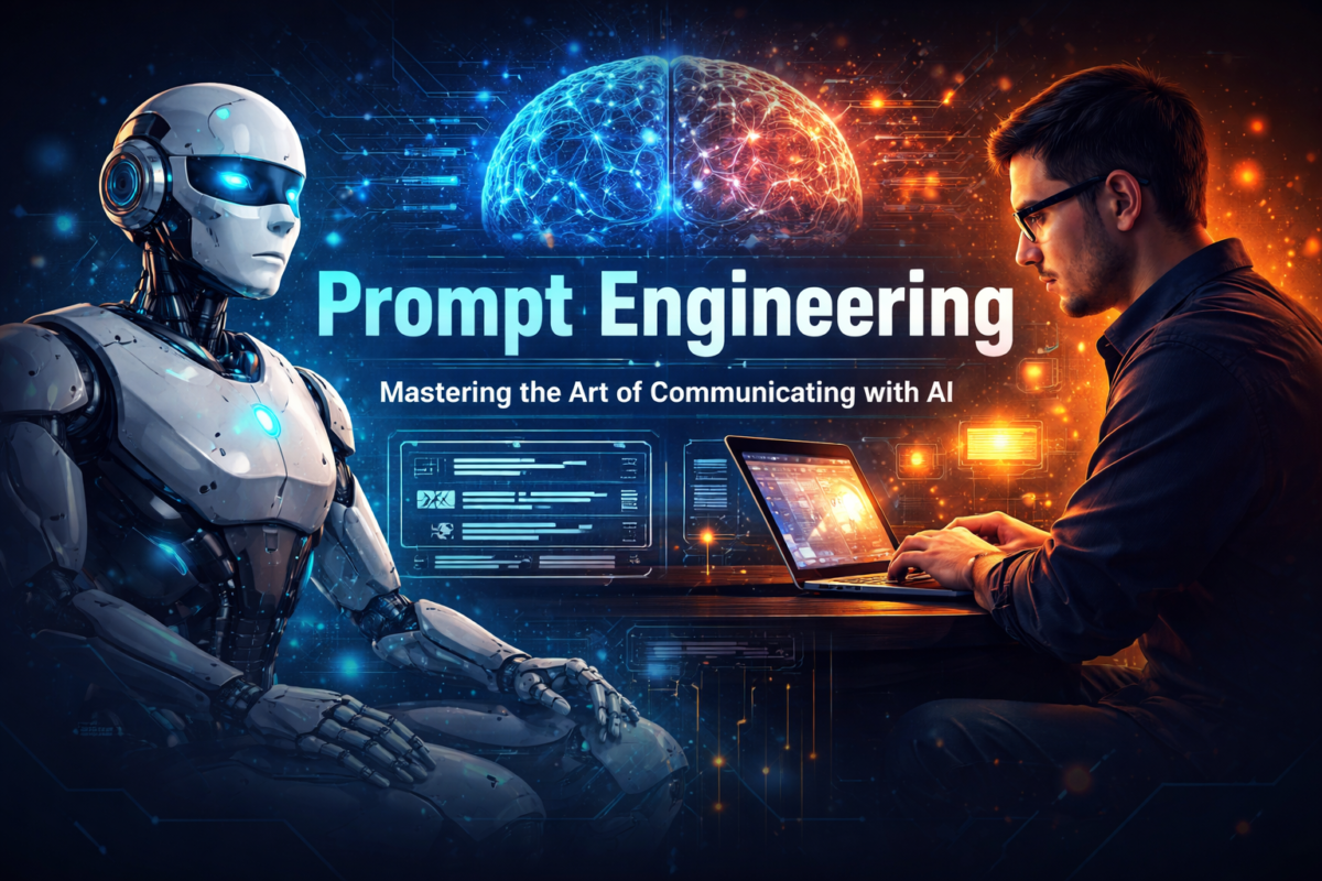 Human interacting with AI robot demonstrating prompt engineering and communication with artificial intelligence